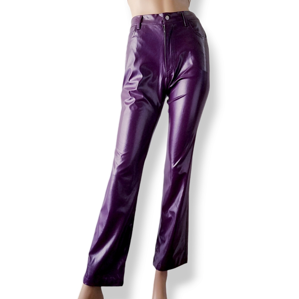 Purple Y2K PU Faux Leather Straight Leg Pants By Outer Edge